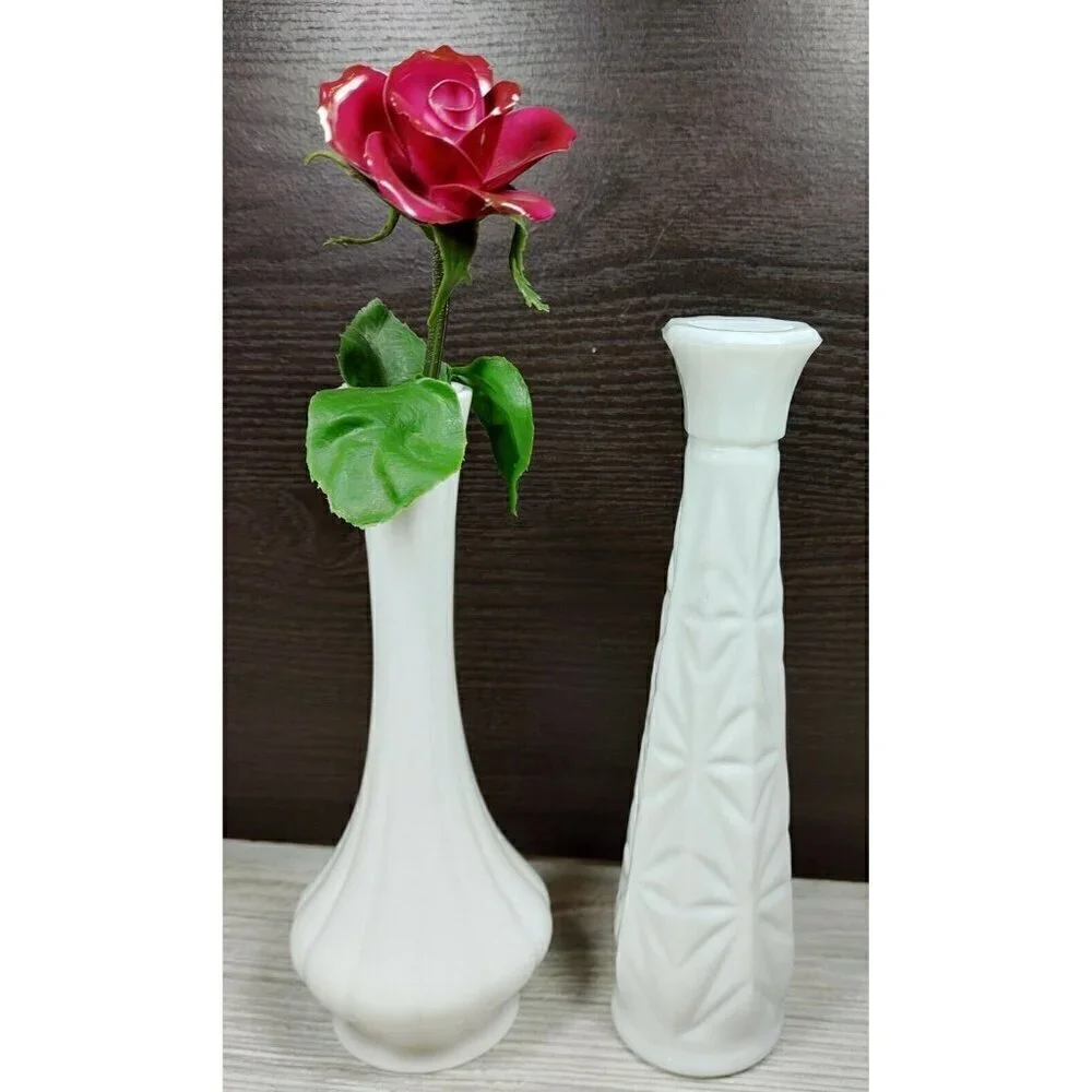 Tuscany Milk Glass White Ceramic Decorative Bud Vase With Metal Rose Set Of 2